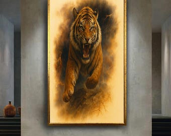 Roaring Tiger Canvas Wall Art, Powerful Predator Wildlife Print, Bold Jungle Animal Artwork for Modern Home or Office Decor