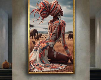 Regal African Queen in Beaded Dress Wall Art | Afrocentric Woman with Headwrap Canvas | Elegant Tribal Style Safari Decor for Home