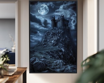 Gothic Castle on Cliff Canvas Art Print, Full Moon Fantasy Wall Poster, Dark Medieval Fortress Artwork, Mysterious Night Decor
