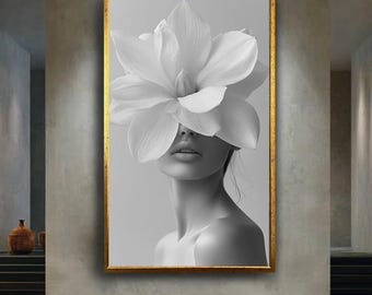 Black and white floral woman canvas wall art print, minimalist female portrait with flower head, elegant modern artwork for home decor