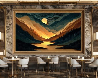 Golden Sunset Layered Style Mountain Landscape Canvas Print, Modern Wall Decor with River Valley and Moon in Paper Cut Style