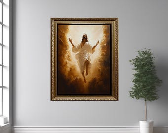 Jesus Ascending to Heaven Surrounded by Divine Light Canvas Wall Art for Christian Faith Decor or Inspirational Prayer Room Accent