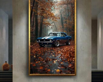 Classic Muscle Car Wall Art Blue in Autumn Forest  Scenic Vintage Car Photography Retro Automotive Home Decor