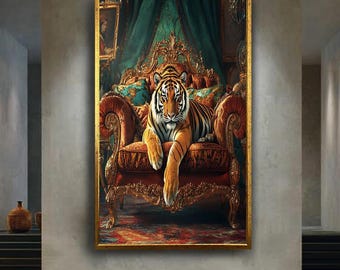 Royal Tiger Wall Art on Ornate Throne Regal Big Cat Portrait Luxury Wildlife Artwork Jungle King Animal Decor