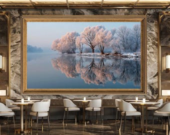 Winter Frost River Landscape Canvas Wall Art Snowy Trees Reflected in Water Peaceful Nature Print for Bedroom or Living Room Decor