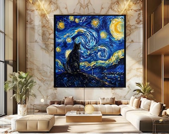 Van Gogh Inspired Starry Night Cat Wall Art, Whimsical Black Cat Under Starry Sky Canvas Print for Artistic and Dreamy Home Decor