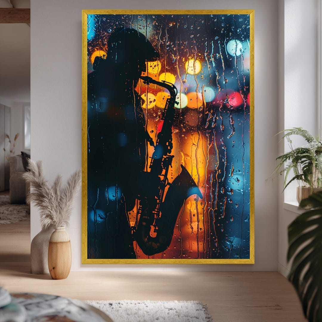 Moody Jazz Canvas Print of Saxophone Player Behind Rainy Window