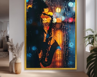 Moody Jazz Canvas Print Of Saxophone Player Behind Rainy Window City Night Music Wall Art For Lounge Or Urban Interior Spaces