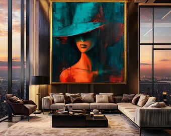 Modern Woman Portrait Wall Art with Turquoise Hat and Red Abstract Brush Strokes, Stylish Female Canvas Print for Chic Home Decor