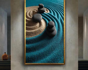 Modern Zen Garden Canvas Print – Turquoise Sand and Black Stones Wall Art for Meditation Room, Spa Decor or Minimalist Home Interior