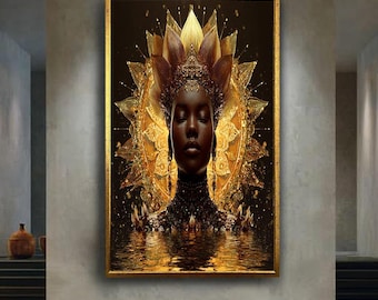 Golden Goddess Canvas Wall Art – Radiant Divine Feminine Portrait with Crown and Aura – Regal Spiritual Print for Luxurious Home Decor