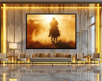 Western Cowboy Sunset Canvas Wall Art, Silhouette Horse Rider in Golden Desert Landscape Print