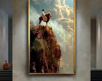 Jesus on Lion Cliff Wall Art – Spiritual Leadership and Majesty Canvas Print – Christian Strength Poster for Faithful Home Decor
