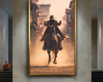 Gunslinger Cowboy Riding Horse in Dusty Western Town, Vintage Wild West Art Print for Rustic Decor, Cowboy Wall Poster