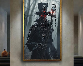 Dark Necromancer Skeleton Canvas Wall Art – Evil Sorcerer with Glowing Eyes, Gothic Fantasy Horror Print for Haunted and Halloween Decor