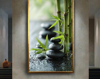 Zen Bamboo and Wet Stones Canvas Print – Peaceful Nature Wall Art for Meditation Space, Spa Room or Mindful Minimalist Home Decor