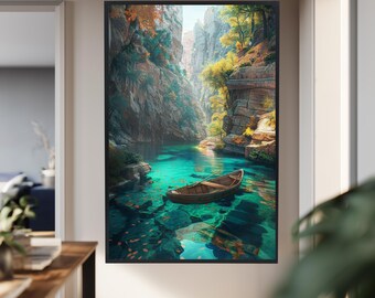 Turquoise River Canyon Canvas Wall Art – Peaceful Boat in Crystal Clear Water Nature Print for Tranquil Home and Meditation Spaces
