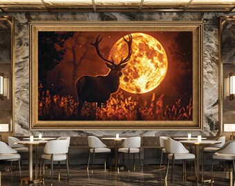 Deer and Full Moon Wall Art Print, Mystical Forest Night Scene Poster, Dark Nature Wildlife Canvas Artwork for Rustic Home Decor