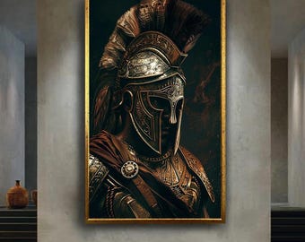 Ancient Roman Warrior Canvas Wall Art – Detailed Gladiator Armor and Helmet Portrait, Historic Soldier Print for Bold Classic Home Decor