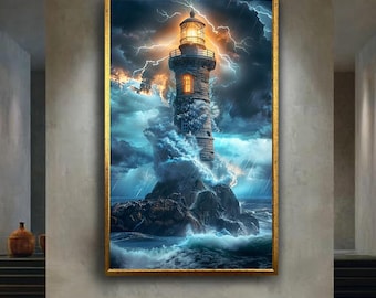 Stormy Lighthouse Wall Art Ocean Wave Canvas Print Lightning Nautical Poster for Coastal Home Decor or Sea Lover Gift Idea