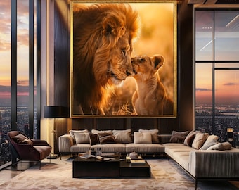 Lion and Cub Wall Art Father and Baby Wildlife Love Print African Sunset Animal Photography Canvas Safari Art