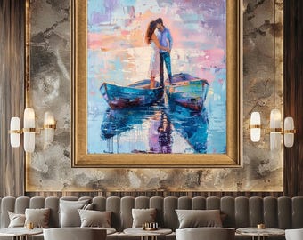 Romantic Couple Kissing on Boats Wall Art with Pastel Brush Strokes, Impressionist Love Scene Canvas Print for Anniversary or Bedroom Decor