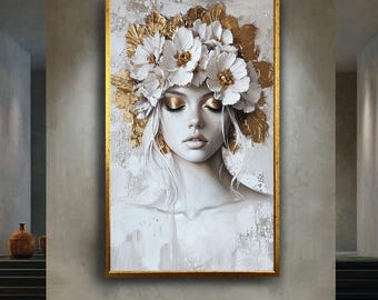 Gold and white floral woman canvas wall art print, elegant female portrait artwork, luxury modern decor for bedroom or living room