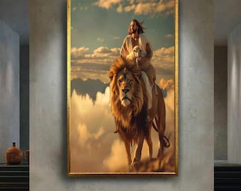 Jesus with Lion and Lamb Wall Art – Divine Strength and Peace Canvas Print – Christian Spiritual Poster for Faith-Based Home Decor