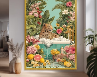 Tropical Bathroom Wall Art with Leopard in Bubble Bath and Floral Jungle, Bold Jungle Cat Print for Maximalist or Exotic Home Decor