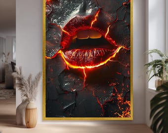 Volcanic Lips Wall Art Canvas – Fiery Lava Pop Art Poster with Cracked Black Rock Design, Bold Sexy Modern Room Décor
