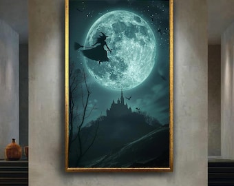 Witch Flying Across Full Moon Canvas Wall Art with Haunted Castle – Spooky Halloween Fantasy Print for Gothic or Dark Magical Decor
