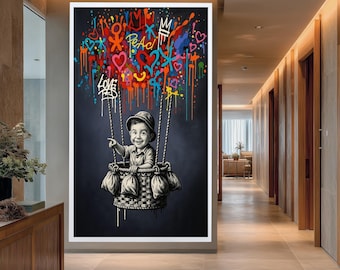 Banksy Balloon Canvas, Balloon Poster, Banksy Art, Colorful Balloon Graffiti Art – Smiling Child in Basket | Urban Pop Street Wall Art Print