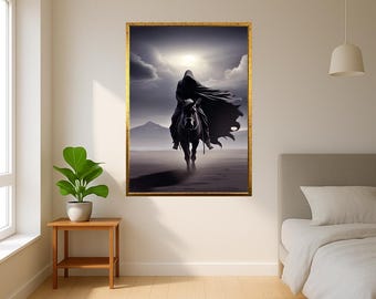 Dark Rider Moonlight Wall Art – Mysterious Cloaked Horseman Canvas Print – Gothic Fantasy Poster for Dark Themed Decor