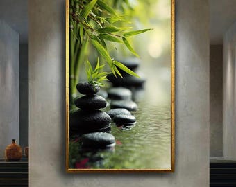 Zen Stones and Bamboo Leaves Canvas Print – Peaceful Nature Wall Art for Meditation Corner, Spa Room or Calming Minimalist Home Decor