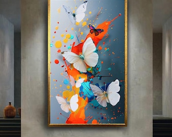 White Butterfly Color Splash Canvas Wall Art – Vibrant Modern Abstract Painting with Bright Paint and Flying Butterflies for Bold Decor