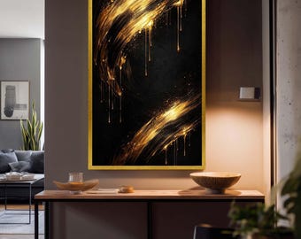 Luxury Black and Gold Canvas Wall Art, Dripping Gold Brush Stroke Abstract Print on Canvas, Modern Glam Home Decor for Living Room