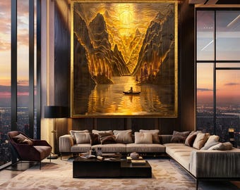 Golden Landscape Canoe Canvas Wall Art – Textured 3D Mountain Scene with Glowing Sunlight and Lone Boat on Lake for Nature-Inspired Decor