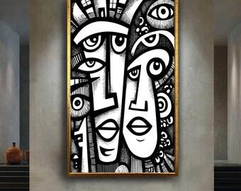 Black and White Abstract Faces Canvas Print – Modern Line Art Portrait for Minimalist Room, Studio Wall or Contemporary Home Decor