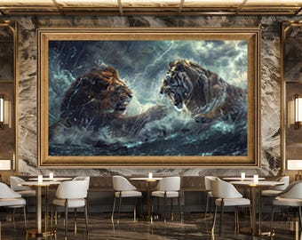 Lion vs Tiger Wall Art Print, Epic Animal Battle Canvas Art, Stormy Jungle Wildlife Artwork for Bold Home or Office Decor