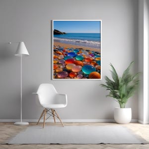 Piedras de vidrio coloridas en la playa, arte digital, decoración costera oceánica, póster de vibraciones veraniegas, conchas marinas, impresión de arena para una relajante exhibición de pared zen.