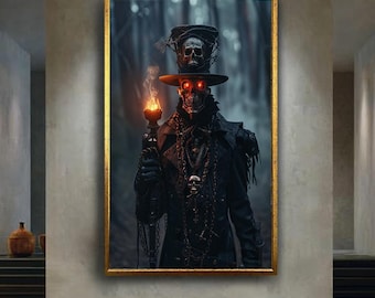 Voodoo Skeleton Sorcerer Canvas Wall Art – Dark Mage with Glowing Eyes and Skull Staff, Gothic Horror Fantasy Print for Haunted Decor