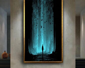 Mystical Waterfall Canvas Wall Art, Dark Fantasy Silhouette Artwork, Blue Magical Portal Poster, Surreal Nature Sci Fi Print