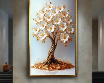 Golden Tree Wall Art with White Flowers Elegant Luxury Artwork Nature Inspired Floral Print Modern Home Decor