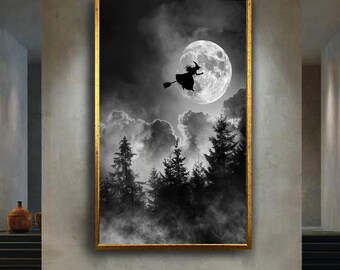 Black and White Witch Canvas Wall Art with Full Moon and Foggy Forest – Gothic Halloween Silhouette Print for Dark Fantasy Room Decor