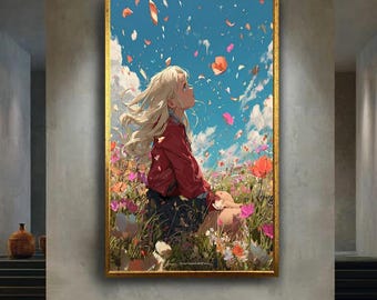 Anime Girl in Flower Field Canvas Wall Art, Whimsical Spring Anime Poster, Blonde Girl Artwork, Japanese Pastel Fantasy Print