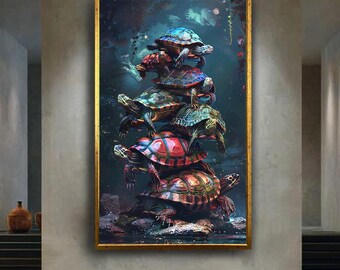 Colorful Turtles Stack Canvas Wall Art – Whimsical and Fantasy Animal Print with Vibrant Shells for Fun Nature or Kids Room Decor