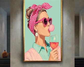 Stylish Retro Woman Drinking Wine and Blowing Bubblegum Canvas Wall Art – Colorful Vintage Pop Art Girl Illustration Home Decor Print