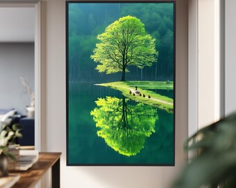 Nature Landscape Canvas Art Duck Family and Tree Reflection Peaceful Green Lake Print Serene Forest Wall Decor for Home