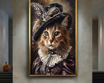 Royal Cat Canvas Wall Art – Baroque Style Funny Cat Portrait in Elegant Costume – Vintage Pet Canvas Print for Unique Home Decor