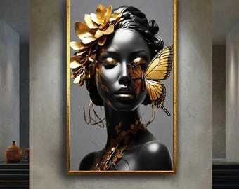 Elegant Black and Gold Woman Canvas Wall Art with Butterfly and Floral Accents – Luxury Modern Portrait for Glamorous Home Decor